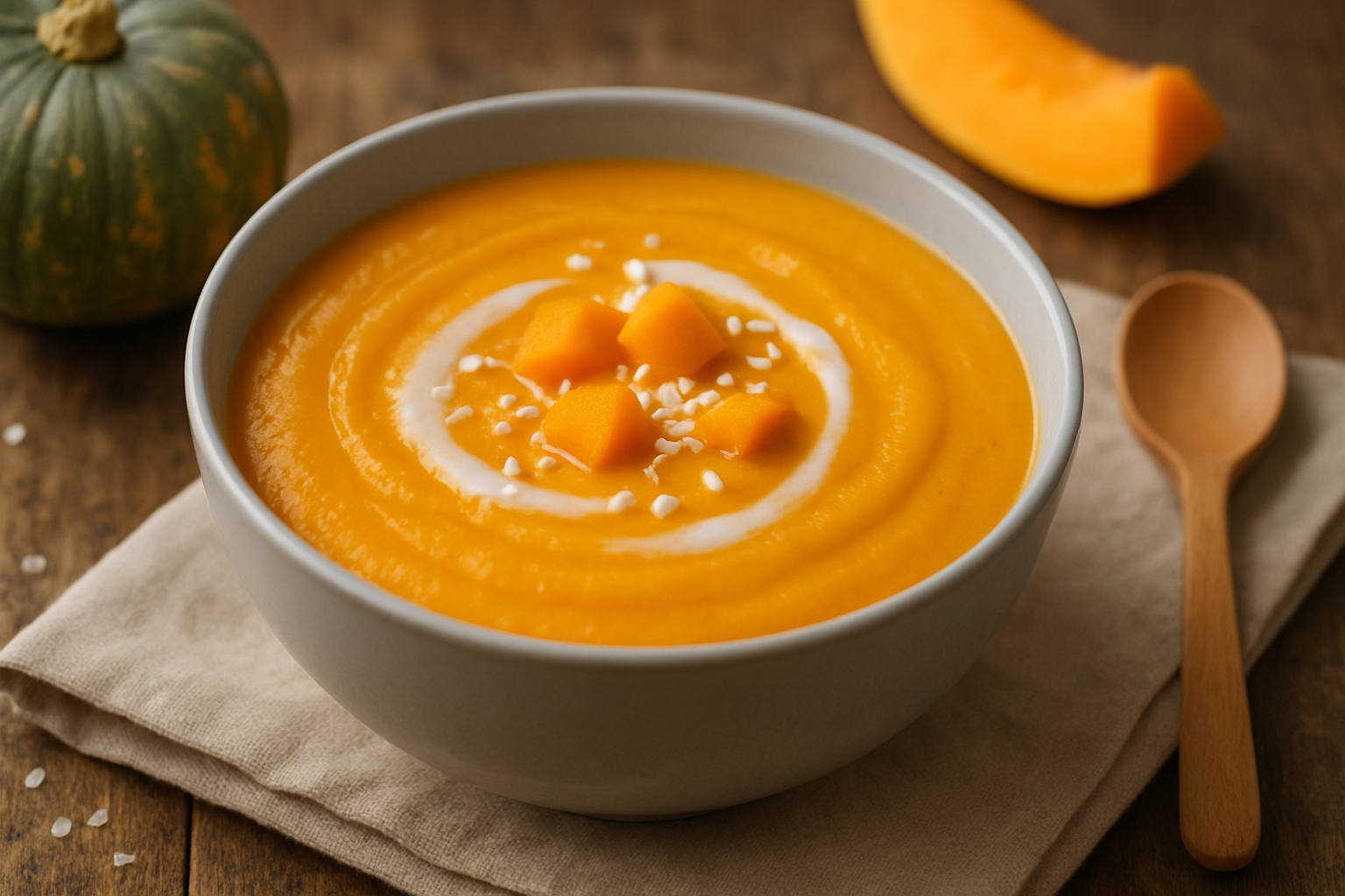 Zupa dyniowa w białej misce z dekoracją z jogurtu, kawałków dyni i sezamu, na tle naturalnego drewna i kawałka dyni. Idealna na zdrowy posiłek.