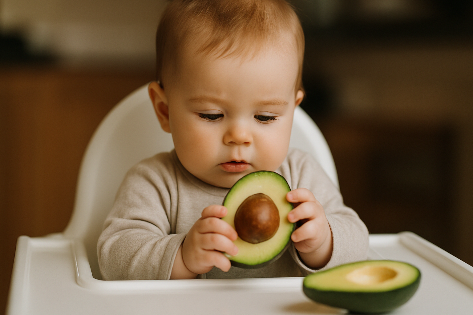 Małe dziecko siedzi w krzesełku do karmienia i bada połówkę awokado. Na stole znajdują się również inne części owocu. Dziecko koncentruje się na awokado, a jego wyraz twarzy sugeruje ciekawość.