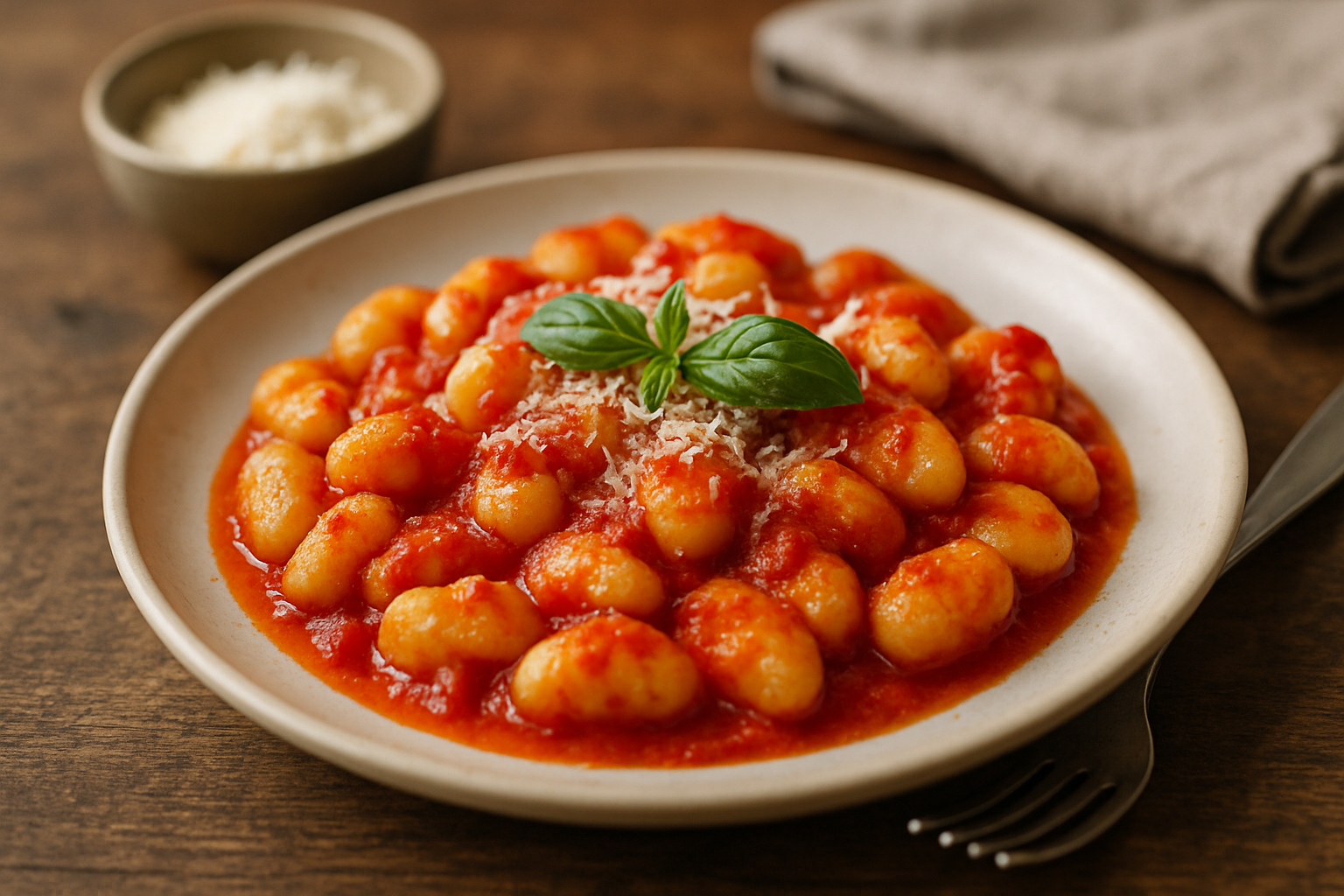 Widok talerza gnocchi w sosie pomidorowym, posypanych tartym serem i świeżą bazylią, na drewnianym stole.