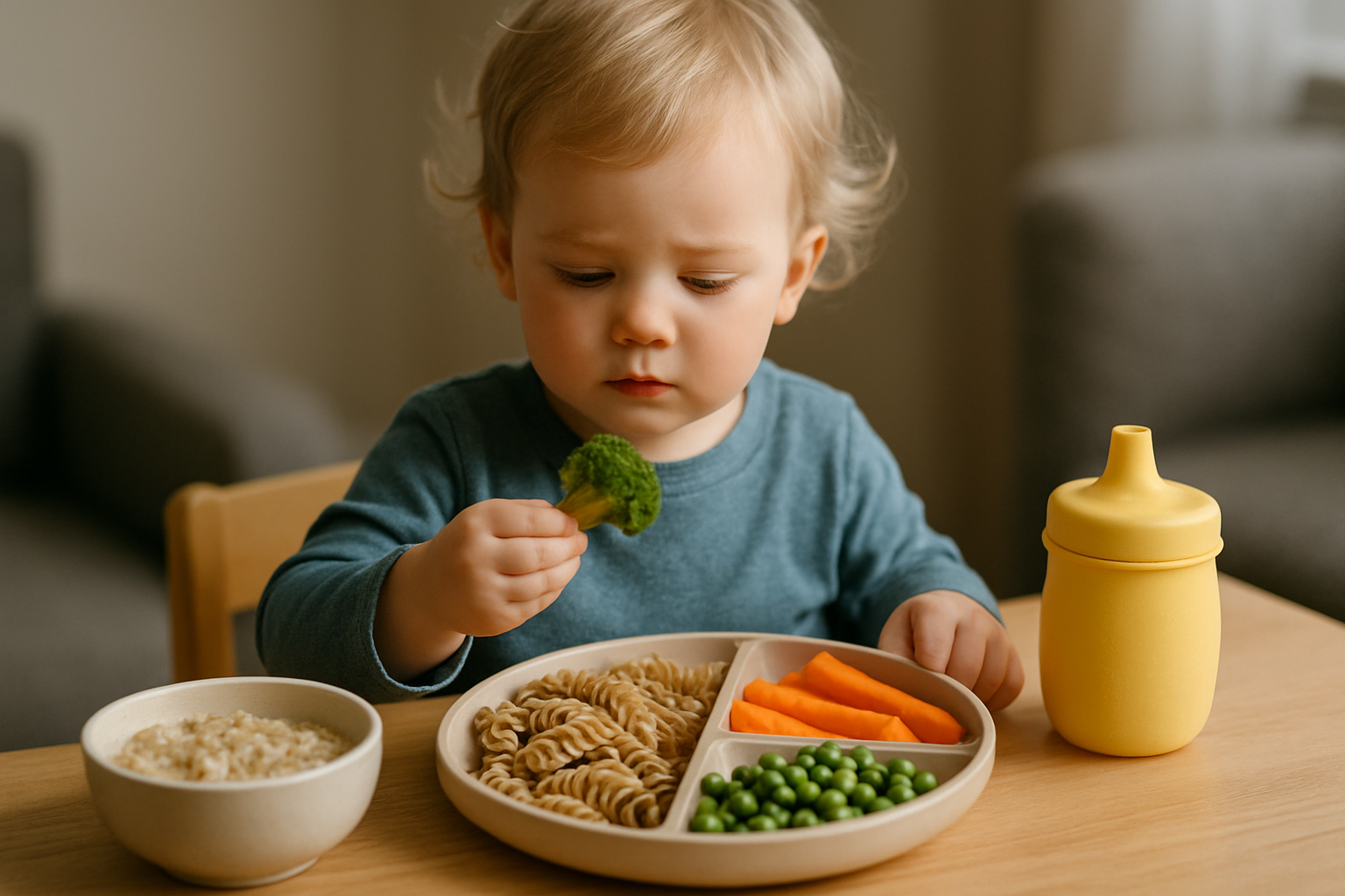 cover-277318 Dziecko siedzące przy stole, trzymające brokuła, obok talerza z makaronem, marchewką i zielonymi groszkami, oraz kubkiem w kolorze żółtym. W tle widać strefę wypoczynkową.