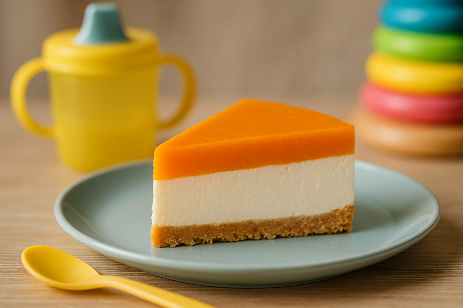 cover-277321 Kawałek ciasta z owocową polewą na talerzu, obok żółty kubek i łyżeczka. Idealny deser dla dzieci.