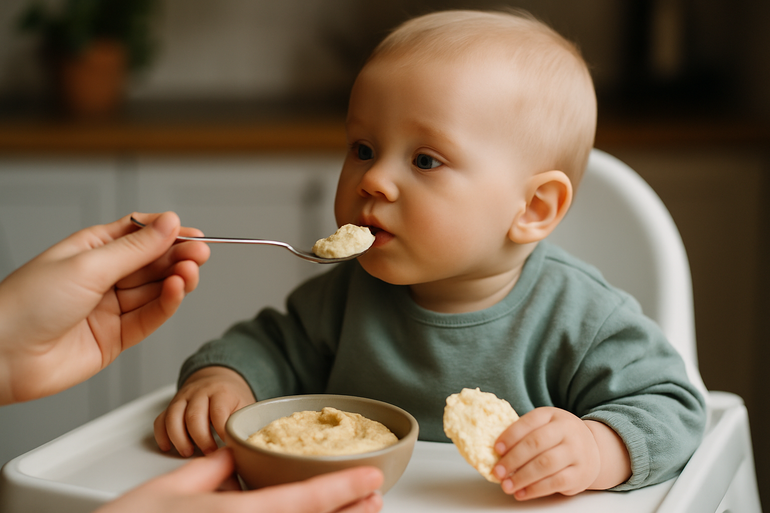 Małe dziecko siedzące w krzesełku do karmienia, jedzące zdrową przekąskę. Mama podaje mu łyżeczkę z jedzeniem. Na stole znajduje się miska z jedzeniem. Przyjemna, domowa atmosfera.
