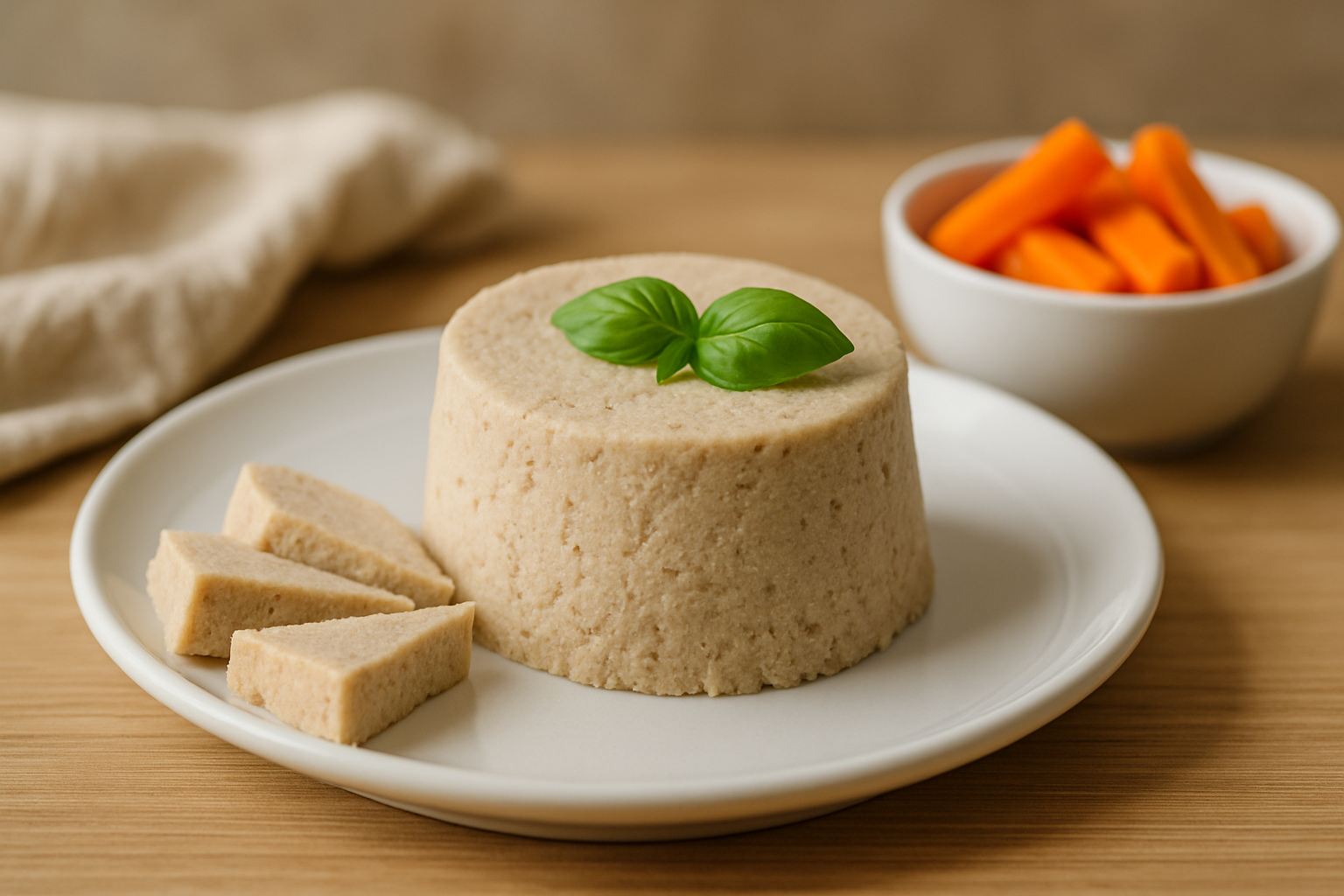 Zestawienie wegańskiego deseru na talerzu, składającego się z gładkiego, jasnego musu z orzechów, udekorowanego świeżą bazylią, obok leżą kawałki deseru i miseczka z pokrojonymi na słupki marchewkami.