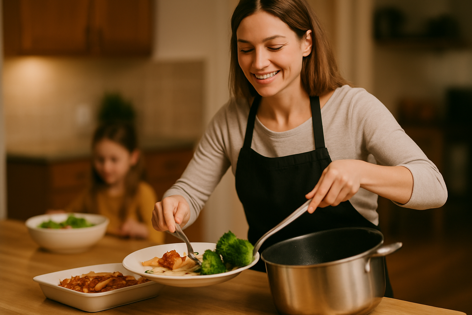 Kobieta w kuchni nakłada zdrowe danie na talerz, obok stoi dziecko. Atmosfera rodzinna, przygotowanie posiłku pełnego warzyw i składników odżywczych.