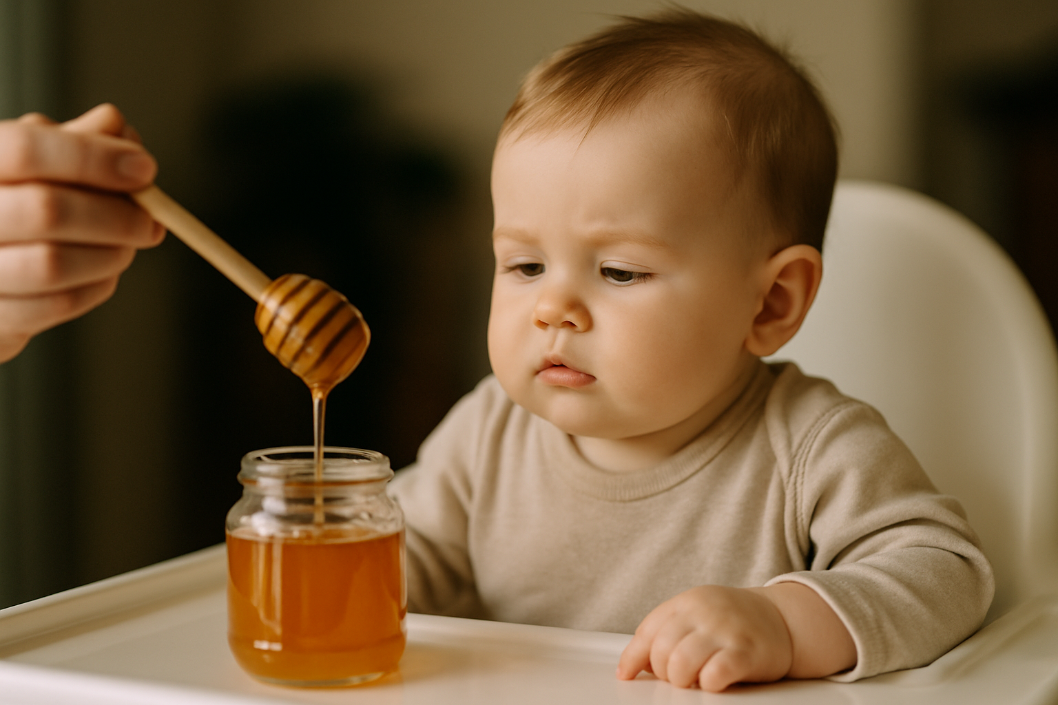 Małe dziecko z zainteresowaniem obserwuje, jak łyżka miodu jest zanurzona w słoiku. Scena ukazuje radość z odkrywania nowych smaków i tekstur.