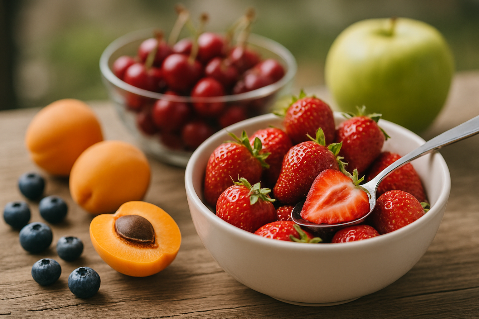 Stylowa miska z soczystymi truskawkami, obok inne owoce: czereśnie, jabłko i morele. Na drewnianym stole, idealna kompozycja na zdrową przekąskę.