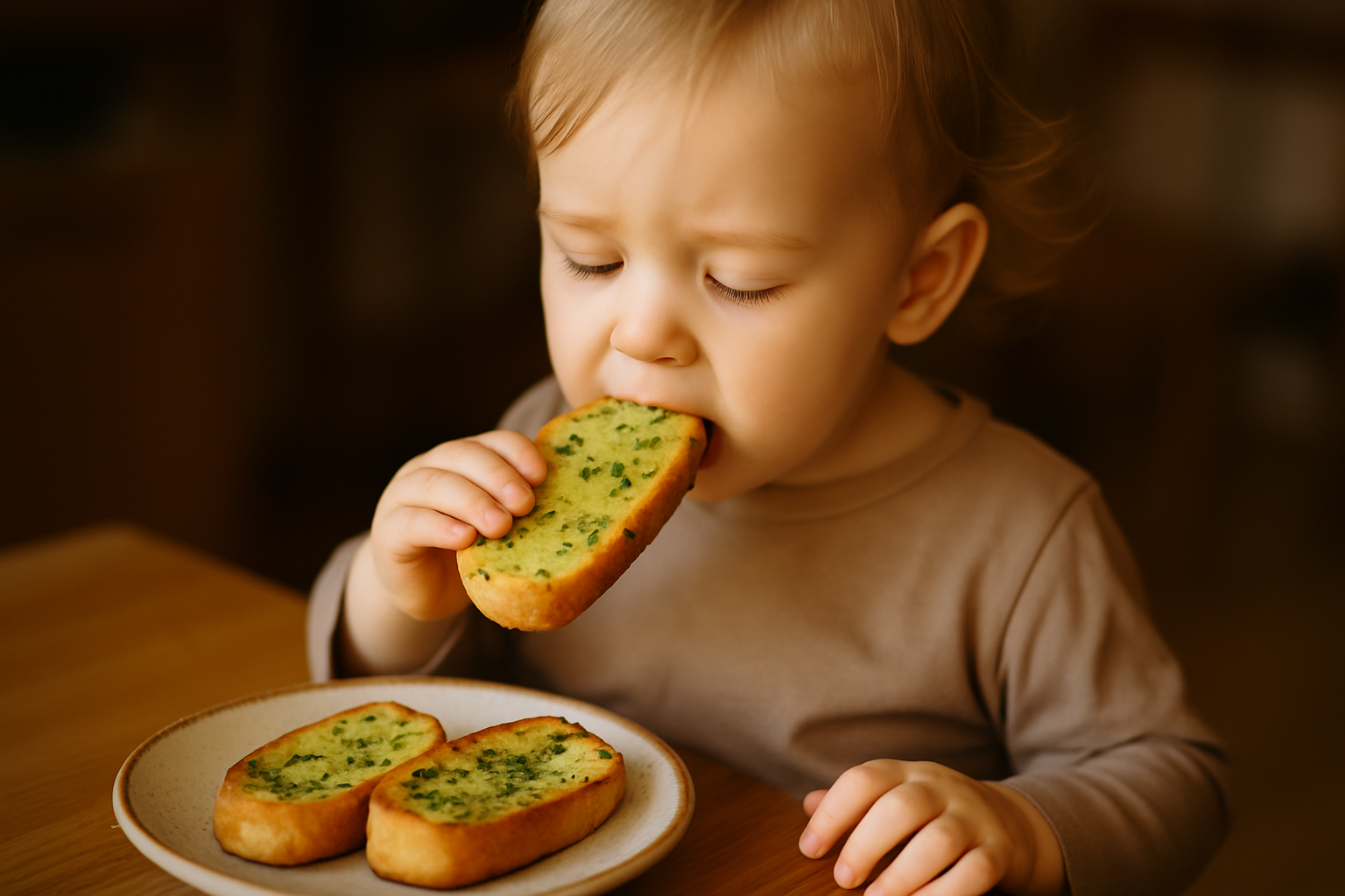 Małe dziecko trzyma kawałek podpieczonego chleba z ziołami i z zaciekawieniem przygotowuje się do jego zjedzenia. Na talerzu obok leżą inne kawałki chleba. Obraz przedstawia przyjemną chwilę jedzenia w domowej atmosferze.