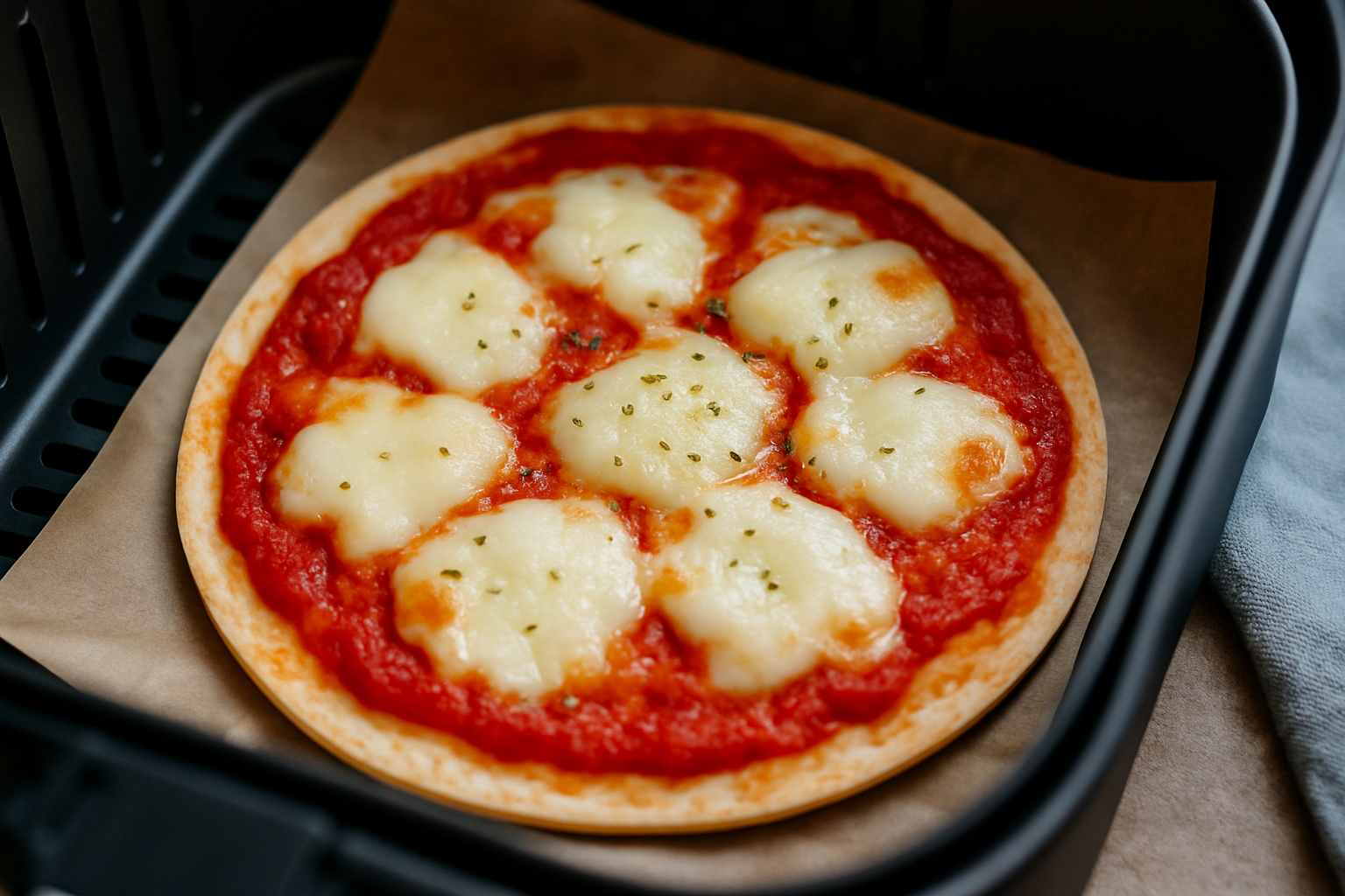 Pizza Margherita w piekarniku, na cienkim cieście z sosem pomidorowym i roztopionym serem mozzarella, podana na pergaminie w koszyku.