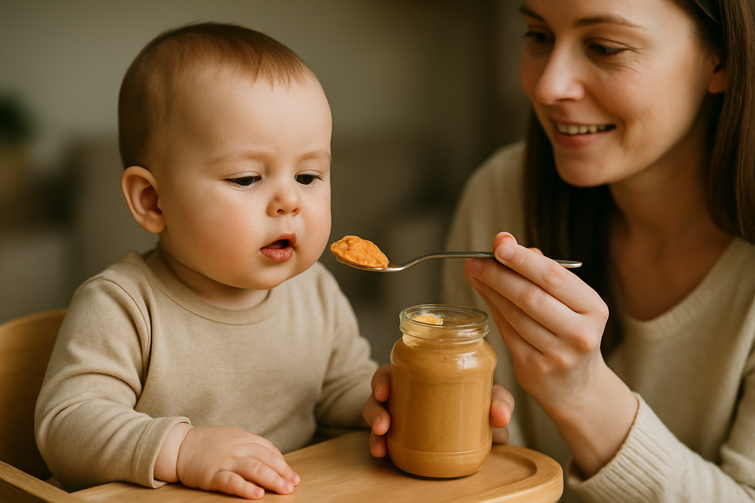 cover-277365 Mama karmiąca niemowlę łyżeczką z słoika z jedzeniem. Obraz ilustruje moment wspólnego posiłku w przytulnym otoczeniu.