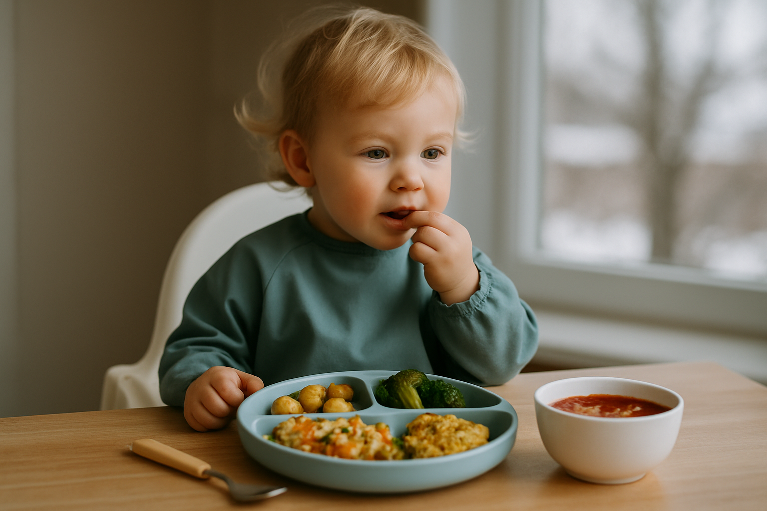 cover-277368 Małe dziecko siedzące przy stole z talerzem jedzenia i miseczką sosu. Na talerzu znajdują się brokuły, ziemniaczki oraz danie ryżowe. Dziecko bawi się jedzeniem, wkładając palec do ust. W tle widoczne okno z widokiem na zaśnieżony krajobraz.