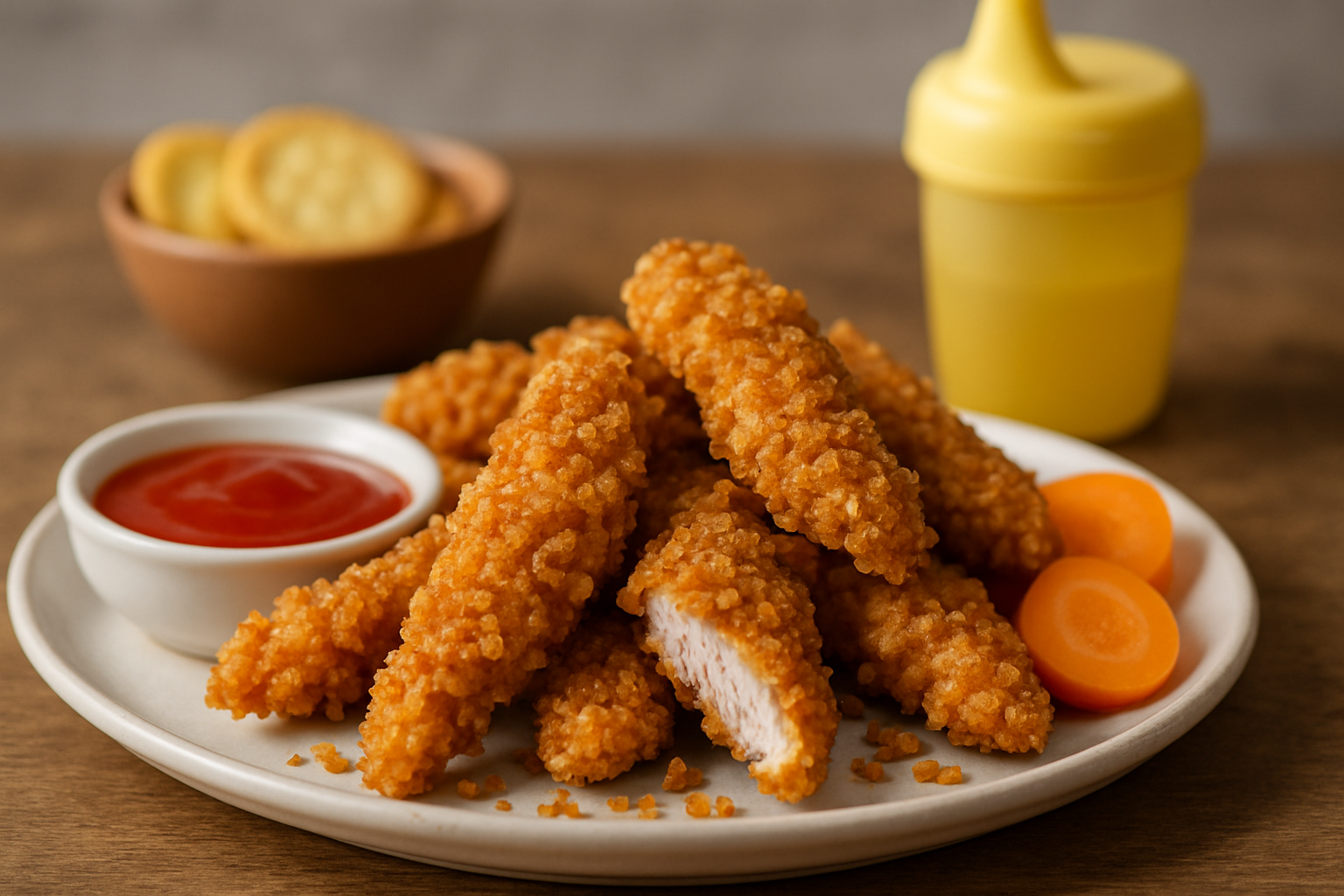 Złociste, chrupiące filetiki z kurczaka podane z sosem pomidorowym i plasterkami marchwi na talerzu, w tle mała miseczka ze słonymi przekąskami.