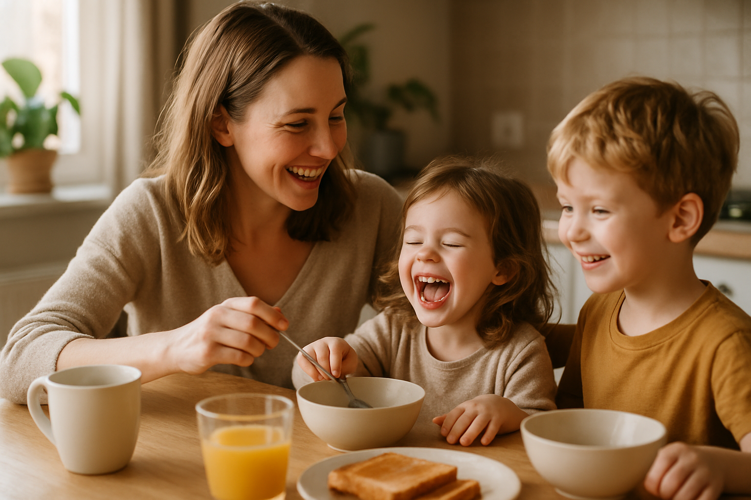 cover-277377 Rodzina bawi się podczas wspólnego śniadania przy stole. Matka z uśmiechem trzyma łyżkę, a dzieci, chłopiec i dziewczynka, radośnie się śmieją. Na stole znajdują się kubki, miski z jedzeniem oraz sok pomarańczowy.