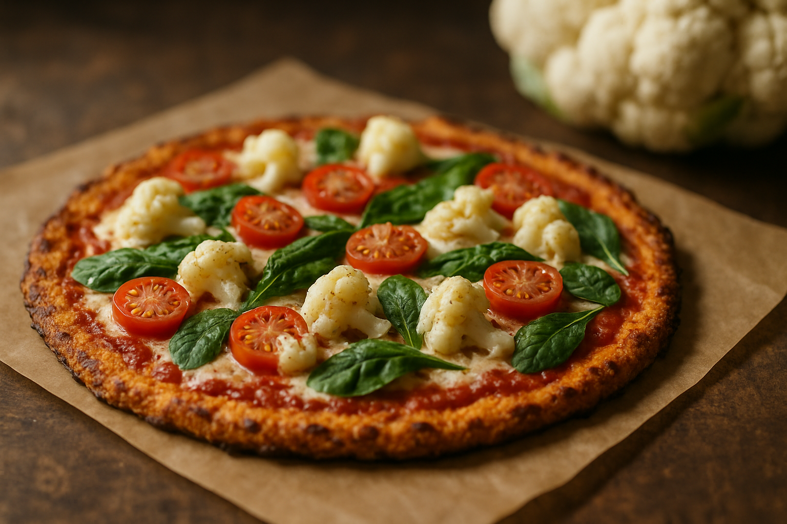 cover-277380 Pizza z kalafiora, na cienkim cieście, z sosem pomidorowym, świeżymi liśćmi szpinaku i plasterkami pomidorów. Idealna propozycja dla miłośników zdrowego jedzenia.