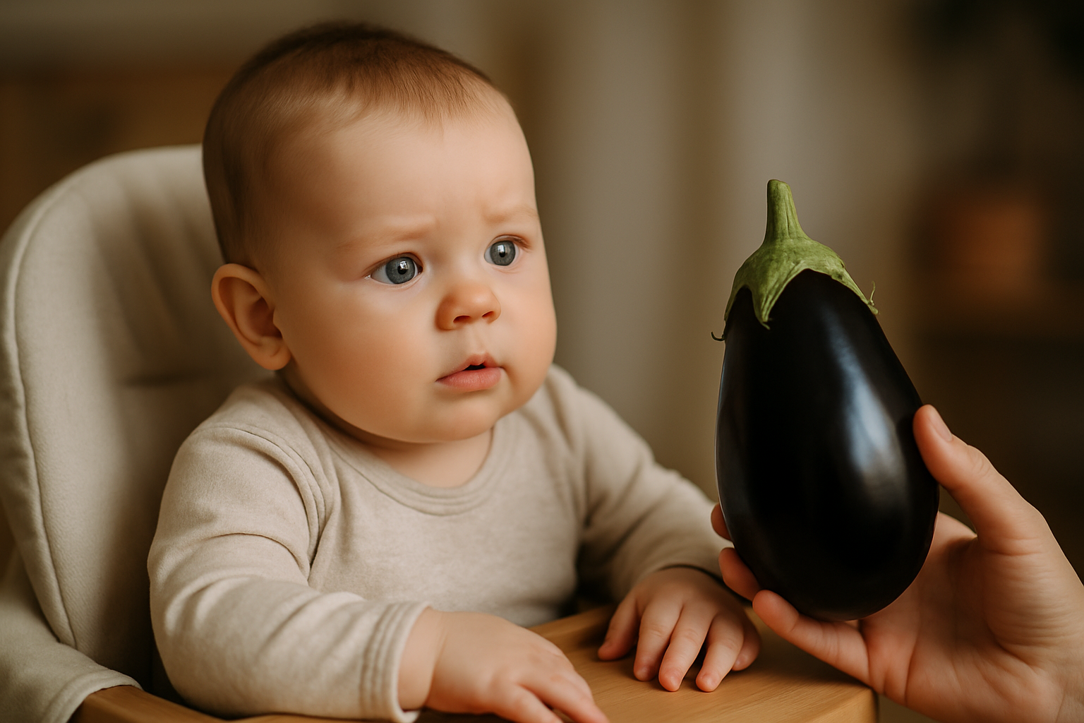 cover-277389 Małe dziecko siedzące w wysokim krzesełku, z wyraźnym zainteresowaniem patrzy na bakłażana trzymanego przez dorosłego. Naturalne światło w tle podkreśla domową atmosferę.
