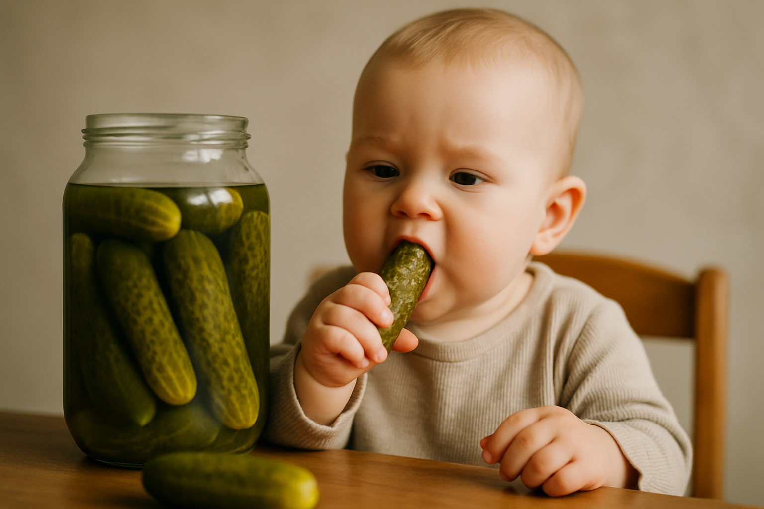 Małe dziecko siedzące przy stole, trzymające ogórka kiszonego i próbujące go ugryźć. Obok znajduje się słoik z ogórkami w zalewie. Naturalne światło w tle podkreśla zabawną chwilę.
