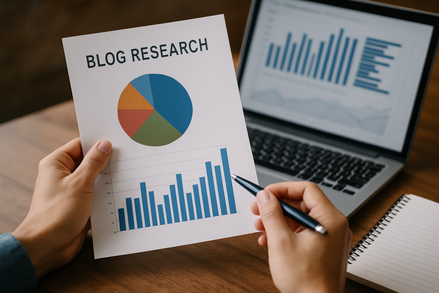 Osoba trzymająca dokument z napisem "BLOG RESEARCH", ilustrujący wykresy i dane analityczne, w otoczeniu laptopa z dodatkowymi wykresami oraz notesem, na drewnianym biurku.