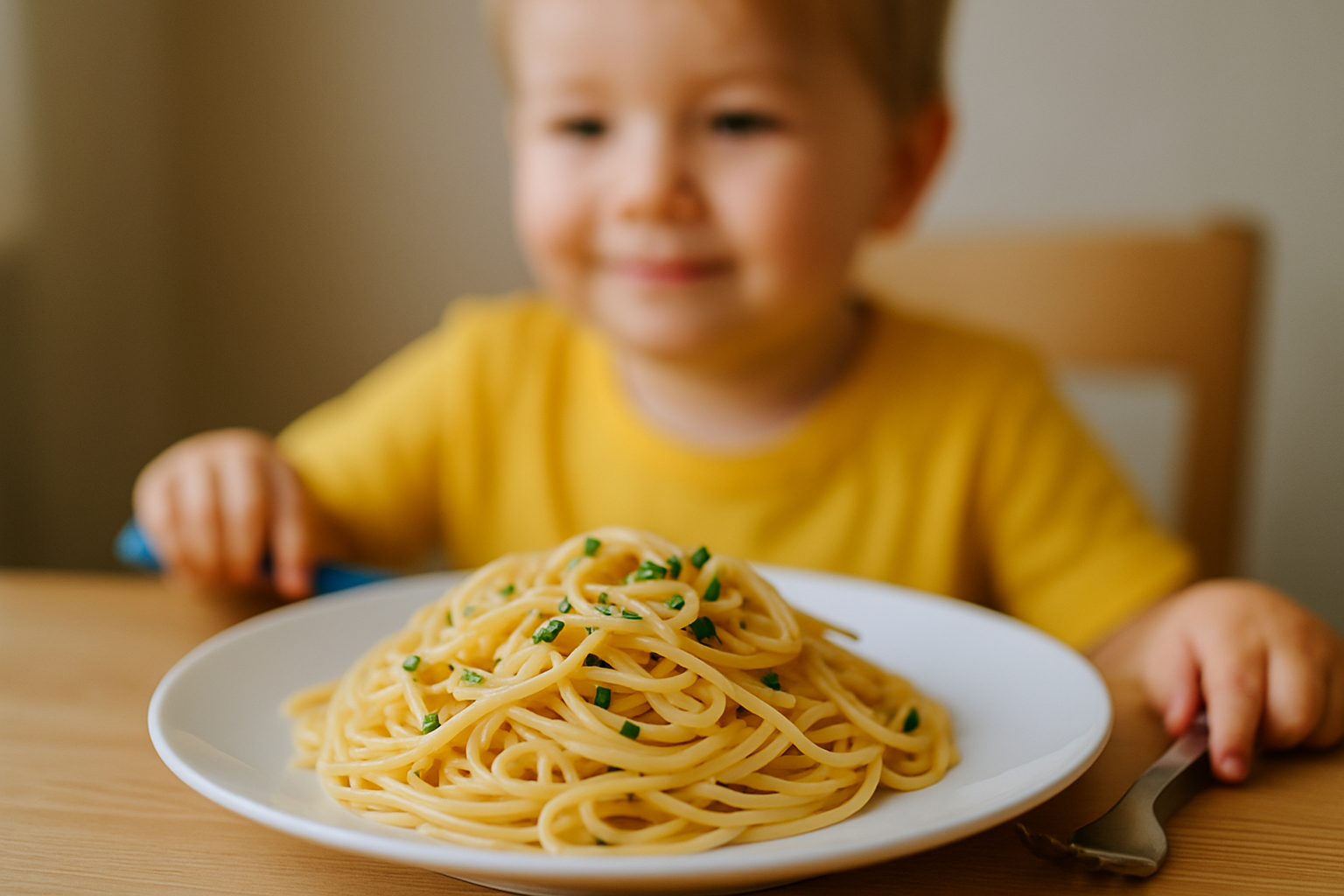 Mały chłopiec w żółtej koszulce uśmiecha się, trzymając widelcem spaghetti z zieloną cebulką na talerzu. W tle minimalistyczne wnętrze kuchni.