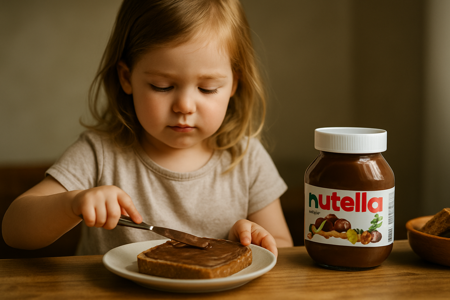 Dziecko smarujące chleb czekoladowym kremem Nutella na talerzu, z słoikiem Nutelli obok, na drewnianym stole w jasnym wnętrzu.