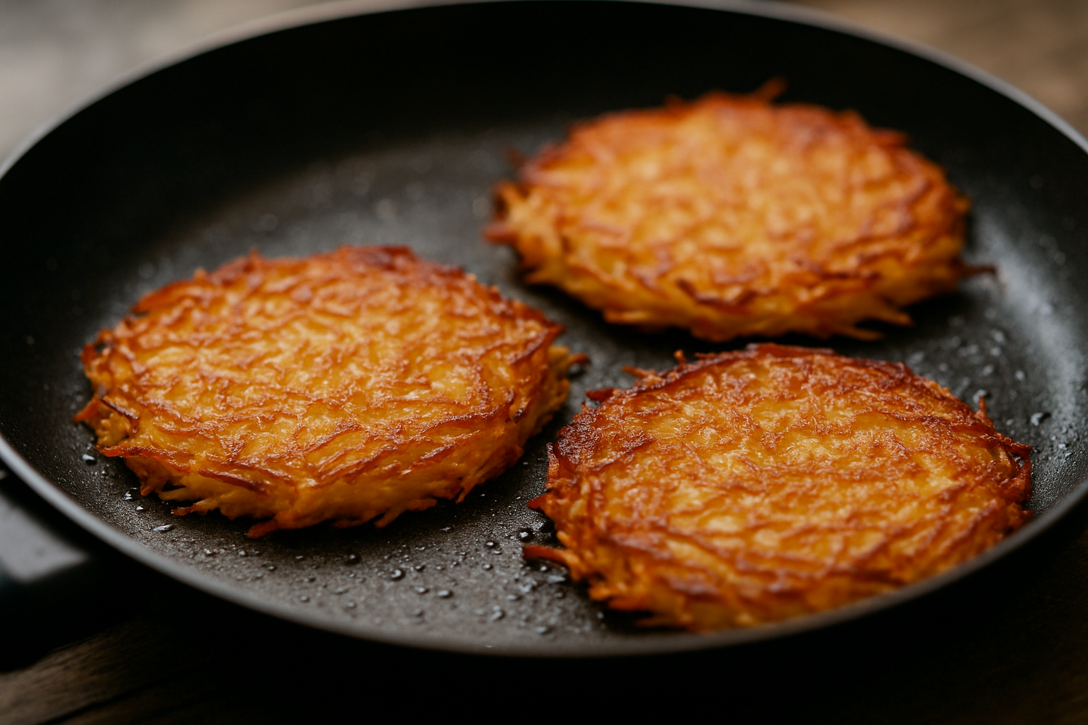 Złociste placki ziemniaczane smażone na patelni, idealne na obiad lub kolację.