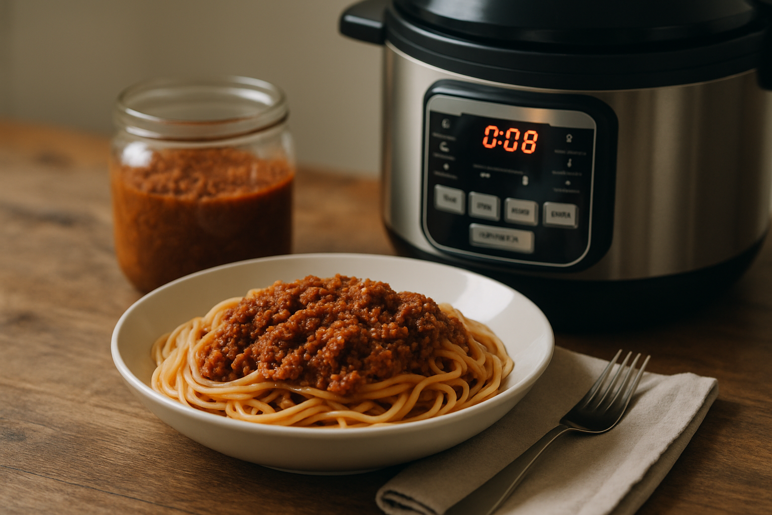 cover-277437 Spaghetti z sosem bolognese na talerzu obok garnka elektrycznego, z widocznym czasem gotowania na wyświetlaczu. W tle słoik z sosem.