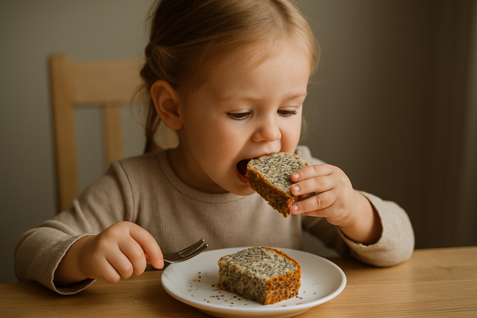 Mała dziewczynka z długimi włosami siedzi przy stole, trzyma kawałek ciasta w ręce i uśmiecha się, przygotowując się do jego ugryzienia. Na talerzu znajduje się jeszcze jeden kawałek ciasta. W tle widoczna drewniana krzesło i stonowane kolory wnętrza.