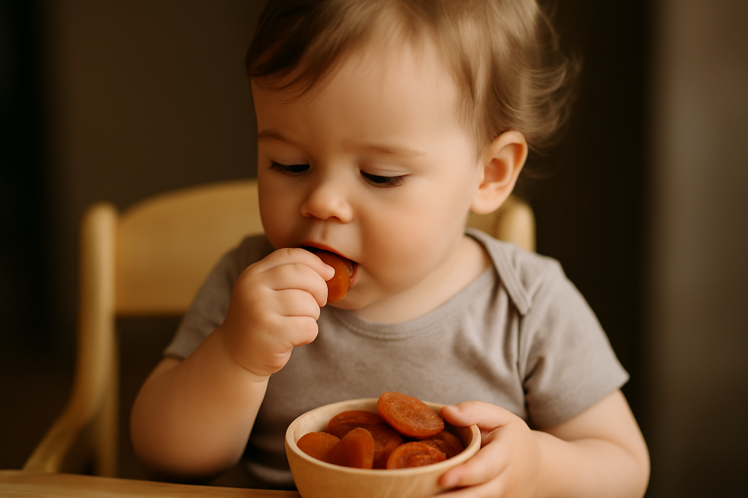 cover-277452 Małe dziecko w szarym ubraniu siedzi przy drewnianym stoliku, trzymając miseczkę zdobioną owocowymi przekąskami. Maluch z zainteresowaniem wkłada do ust jedną z nich, prezentując radosną chwilę odkrywania smaku. Tło jest stonowane, co podkreśla atmosferę domowego zacisza.