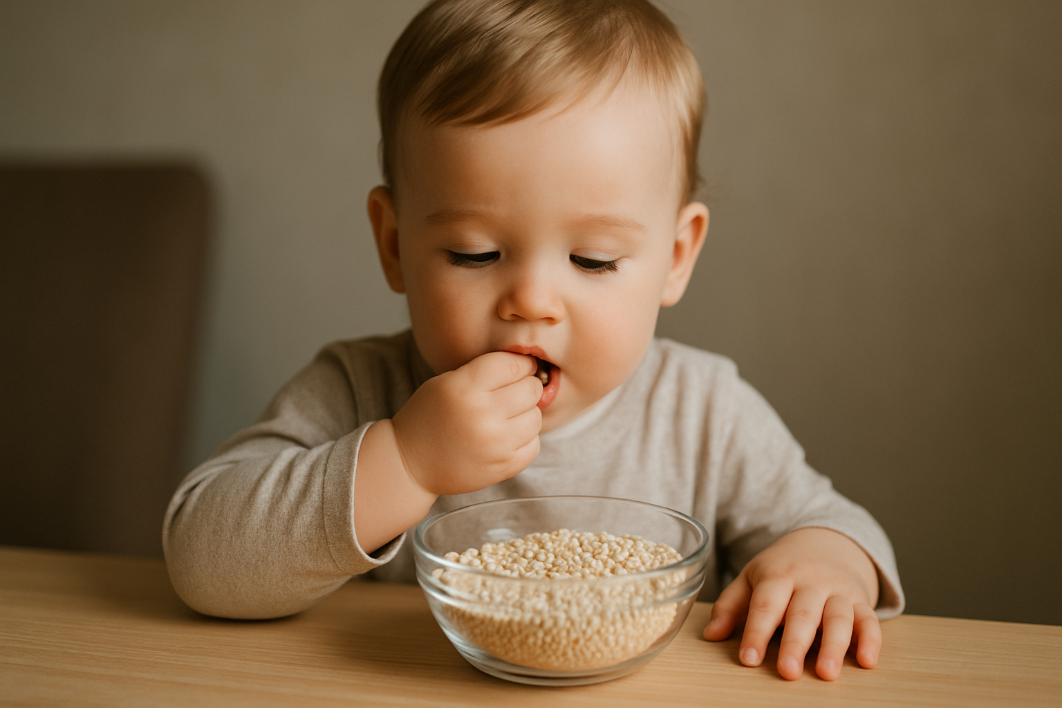 Mały chłopiec siedzi przy stole, jedząc chrupki z miseczki.