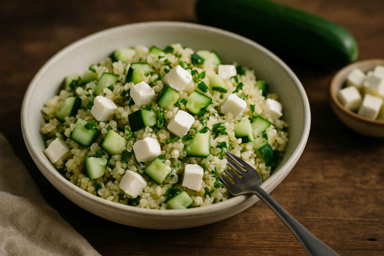 Sałatka z kaszy bulgur z ogórkiem i serem feta w kolorowej misce, podana na drewnianym stole. Na talerzu widoczna jest także kostka sera feta.