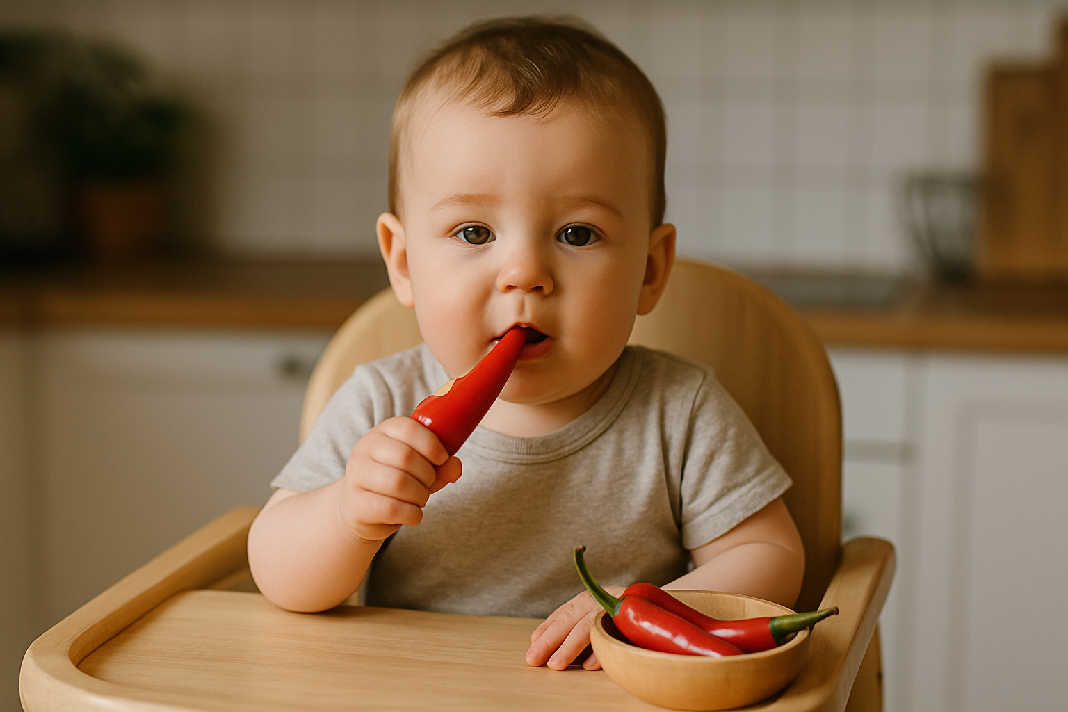 cover-277509 Mały chłopiec w wysokim krzesełku do karmienia trzyma w ręce czerwoną papryczkę, z uśmiechem sięgając do ust. Na stoliku obok znajduje się miseczka z dodatkowymi papryczkami. W tle widać jasną kuchnię.