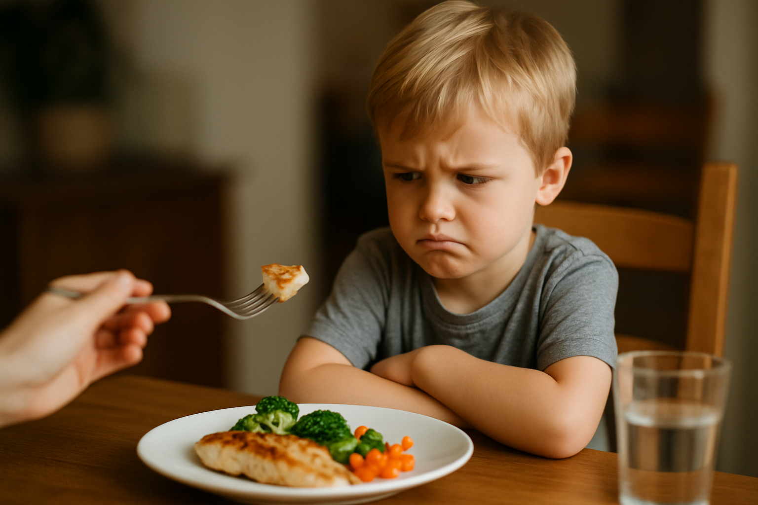 Mały chłopiec z niezadowoloną miną siedzi przy stole, odrzucając jedzenie, które mu podaje dorosły. Na talerzu znajduje się filet rybny, brokuły oraz marchewki. W tle widać szklankę wody.