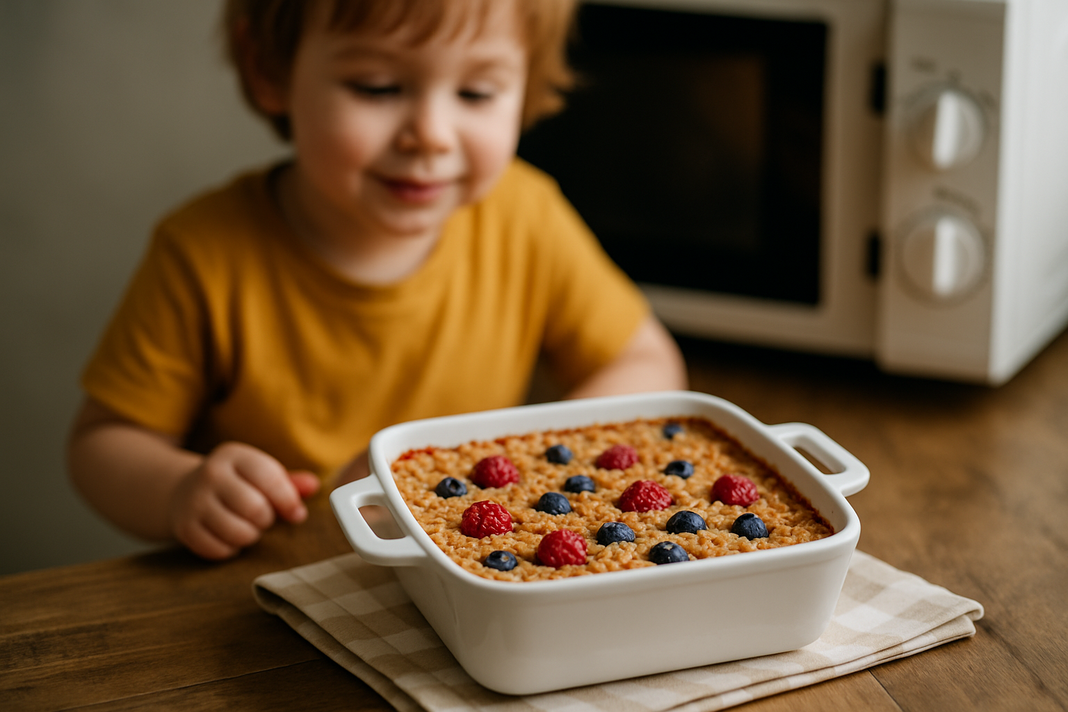 Dziecko z uśmiechem siedzi przy stole, obserwując wykonane w piekarniku zdrowe ciasto z owocami. W naczyniu znajdują się maliny i borówki, obok mikrofali na drewnianym blacie.
