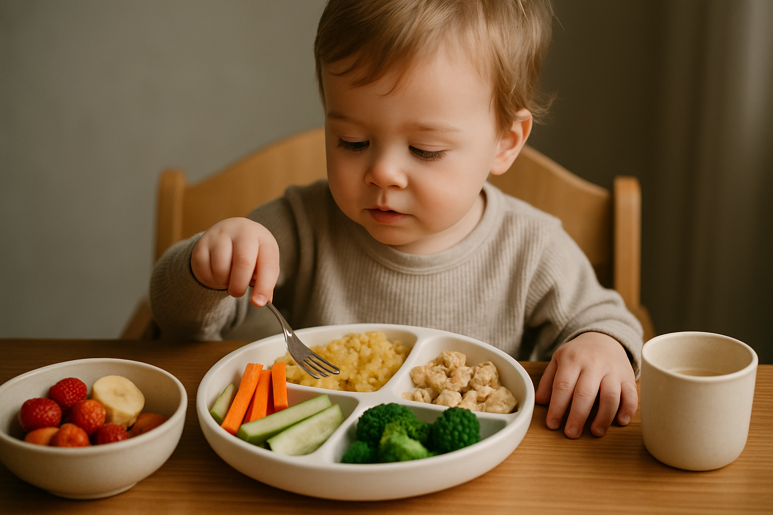 cover-277539 Mały chłopiec siedzący przy stole z jedzeniem, jedząc warzywa i kaszę z talerza, obok miseczka owoców i filiżanka napoju.