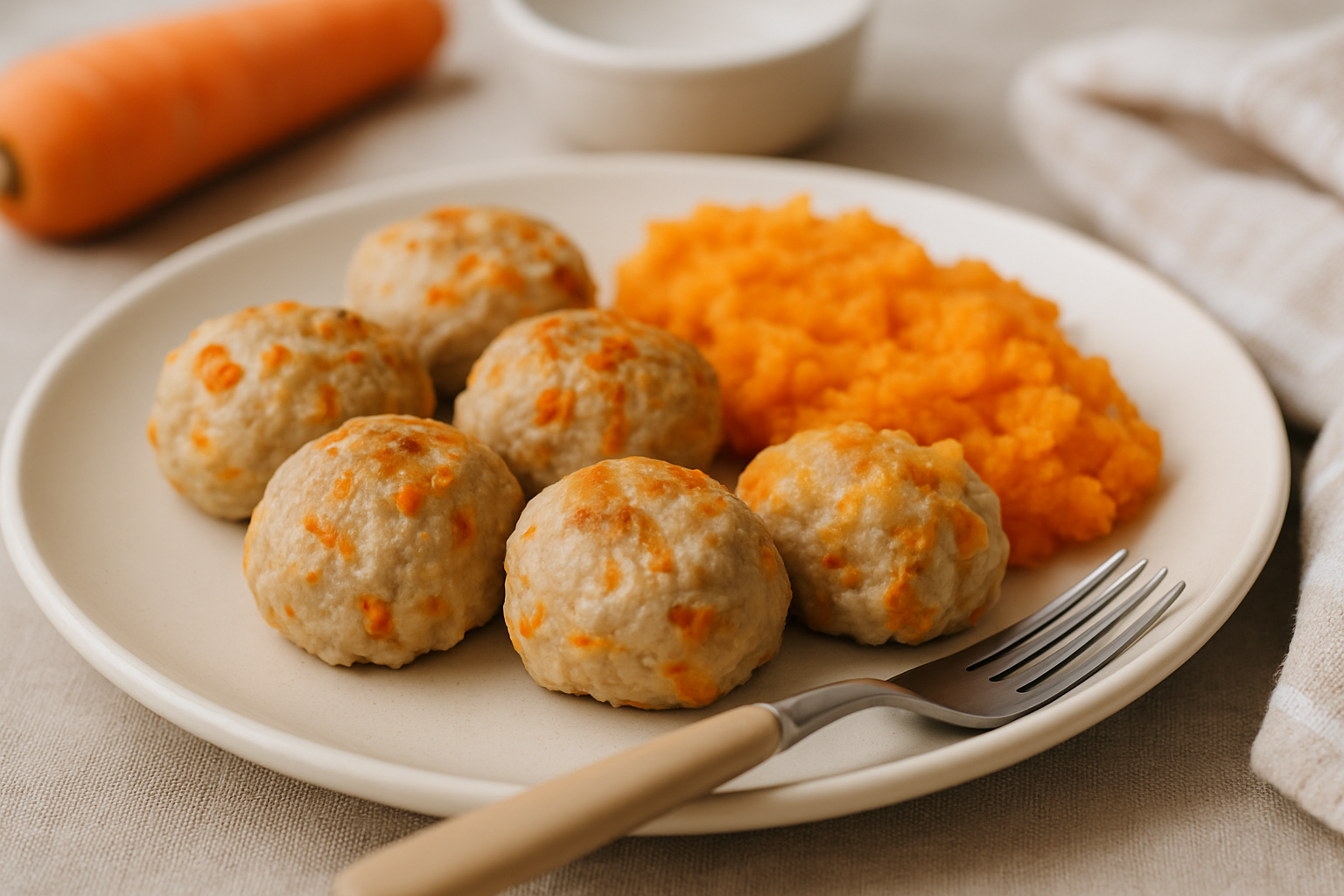 Apetyczne klopsiki z marchewką podane z puree marchewkowym na talerzu, obok widoczna marchew. Idealne danie dla miłośników zdrowego jedzenia i domowej kuchni.