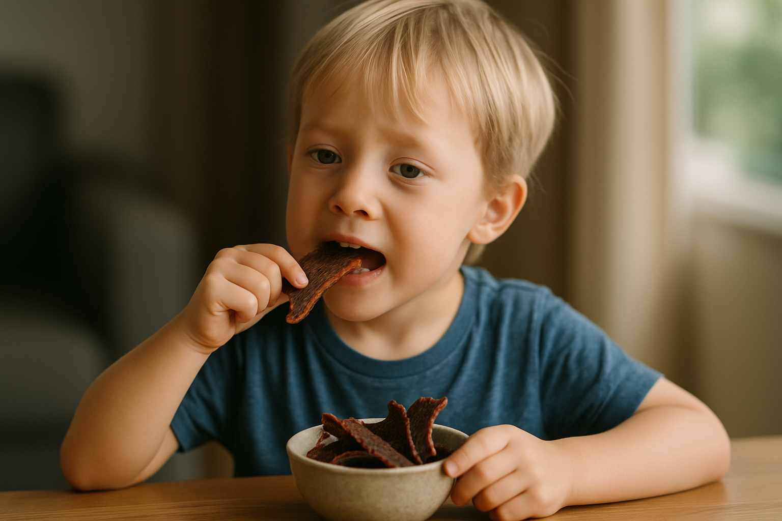 Chłopiec w niebieskiej koszulce delektuje się suszonym mięsem, trzymając kawałek w ręce, podczas gdy w miseczce obok znajdują się dodatkowe kawałki przekąski.