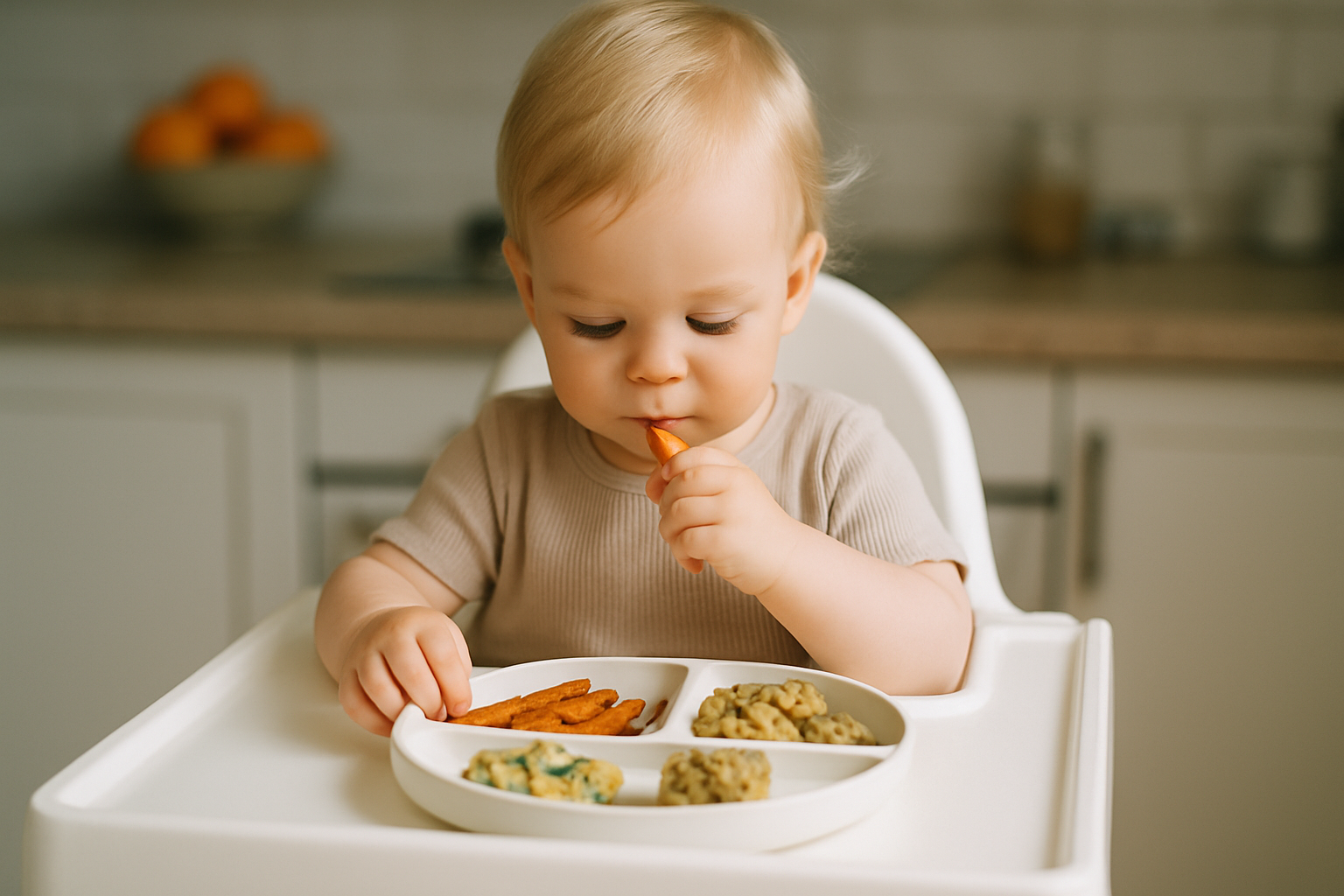 Małe dziecko siedzi w wysokim krzesełku, zajęte jedzeniem warzyw i przekąsek z talerza podzielonego na sekcje. W tle widać kuchenną aranżację z owocami w misie.