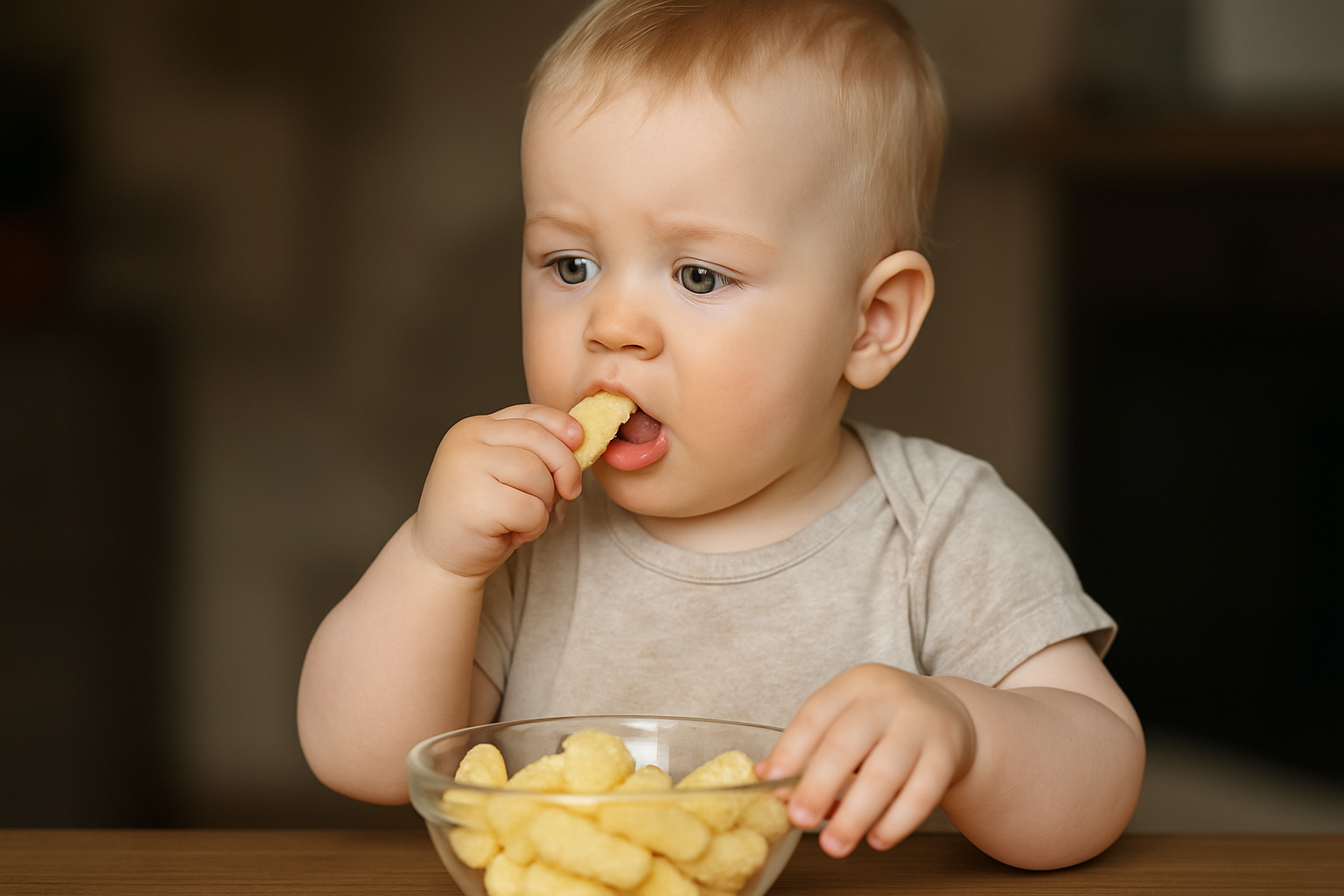 cover-277560 Małe dziecko siedzi przy stole, jedząc chrupki z przezroczystej miski. Maluch ma jasne włosy i uważnie przygląda się przekąsce, trzymając jedną ręką chrupka. W tle widoczna jest rozmyta kuchnia.