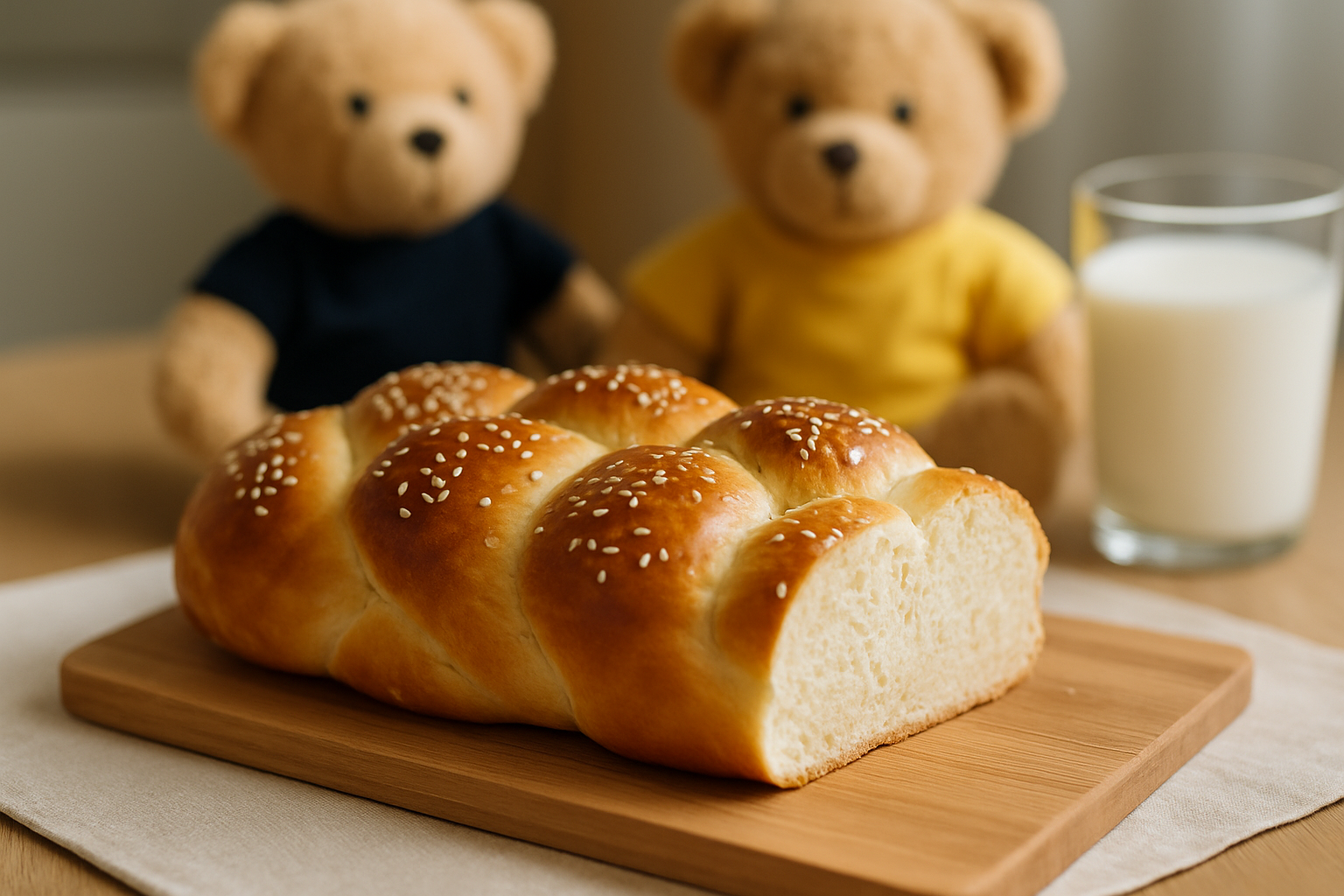 Dwa pluszowe misie siedzą obok świeżo upieczonego chleba na drewnianej desce, a obok stoi szklanka mleka.