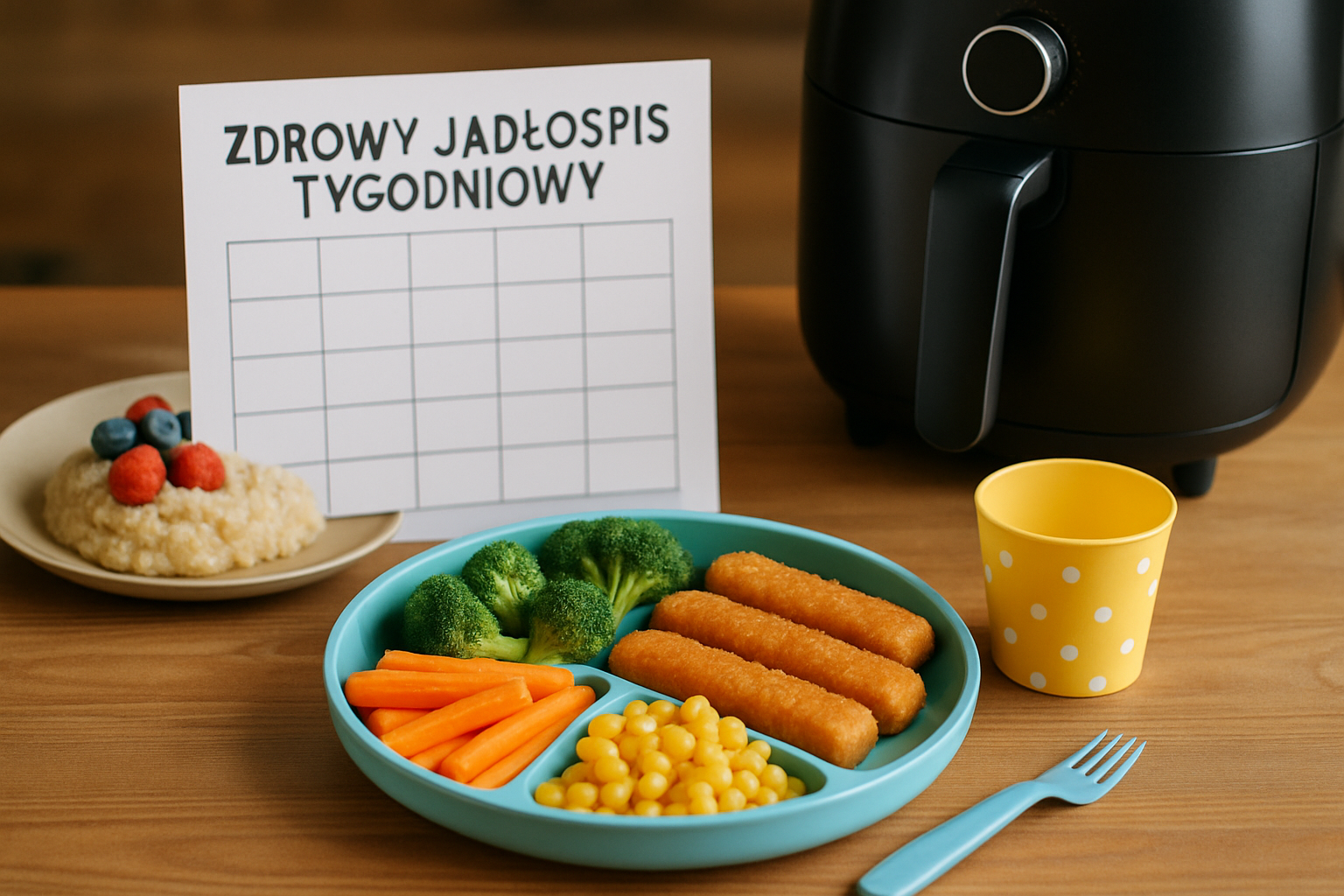 Zdrowy jadłospis tygodniowy z warzywami, panierowanymi paluszkami rybnymi, groszkiem i marchewką, podany na niebieskiej talerzu. W tle znajduje się miska z owsianką i owocami oraz frytkownica.