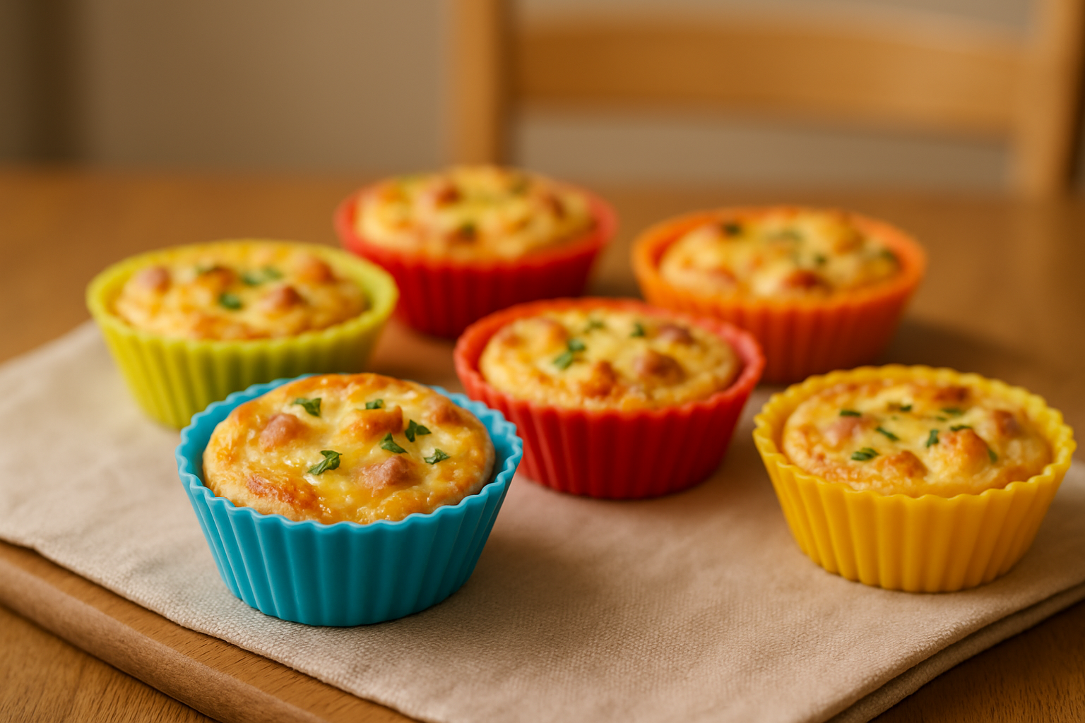 cover-277602 Kolorowe silikonowe foremki z mini quiche na drewnianym blacie, na jasnym tle. Quiche z serem i ziołami, idealne na przekąskę lub brunch.