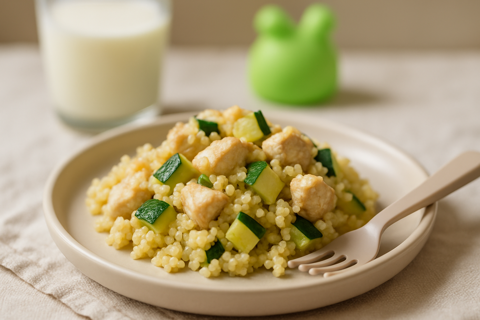 Zdrowy posiłek z kaszy, kawałkami kurczaka i świeżymi cukiniami na talerzu. W tle szklanka mleka i zielony, zabawny element dekoracyjny.