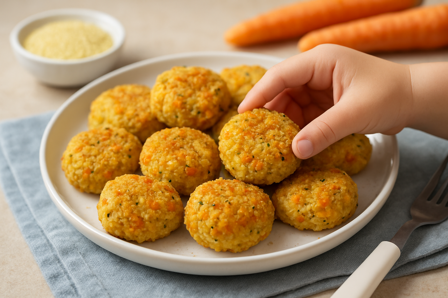 Chrupiące kotleciki warzywne na talerzu, obok marchewka, na tle szarego obrusu. Dziecko sięga po kotlecika, podkreślając smakowitość dania. Idealne jako zdrowa przekąska dla maluchów.