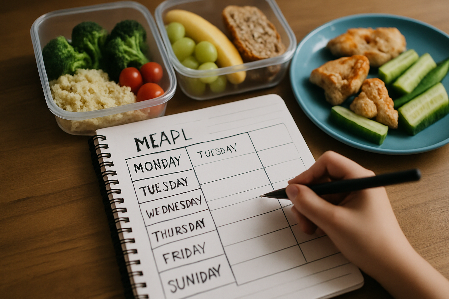 Obraz przedstawia plan posiłków w zeszycie oraz zdrowe jedzenie, takie jak brokuły, pomidory, winogrona, banan, kawałki chleba i ogórki na talerzu. Ręka osoby z notatnikiem rysuje kategorię dni tygodnia, co podkreśla organizację diety.