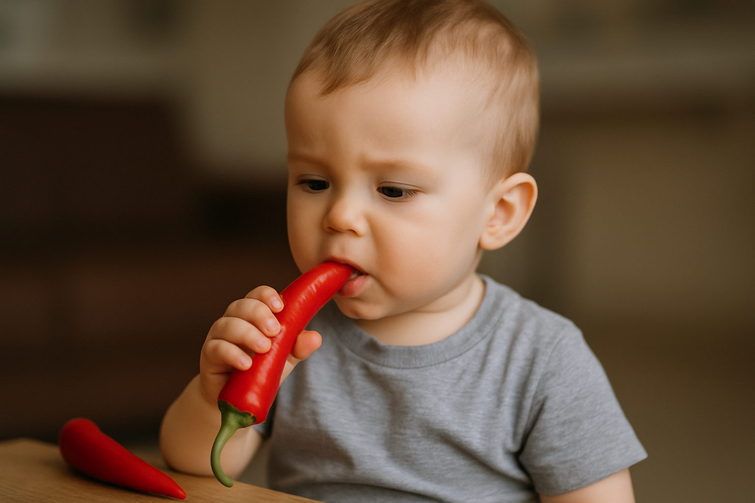 Mały chłopiec w szarym T-shircie trzyma czerwoną paprykę chili i próbuje ją zjeść. W tle widoczny jest subtelny domowy wystrój.