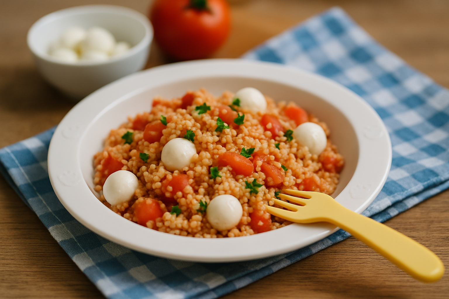 Miska z kuskusem pomidorowym, ozdobiona kulkami mozzarelli i świeżą pietruszką, na niebieskiej serwetce. W tle widoczny pomidor i miseczka z białymi kulkami. Idealne danie na lekki obiad.