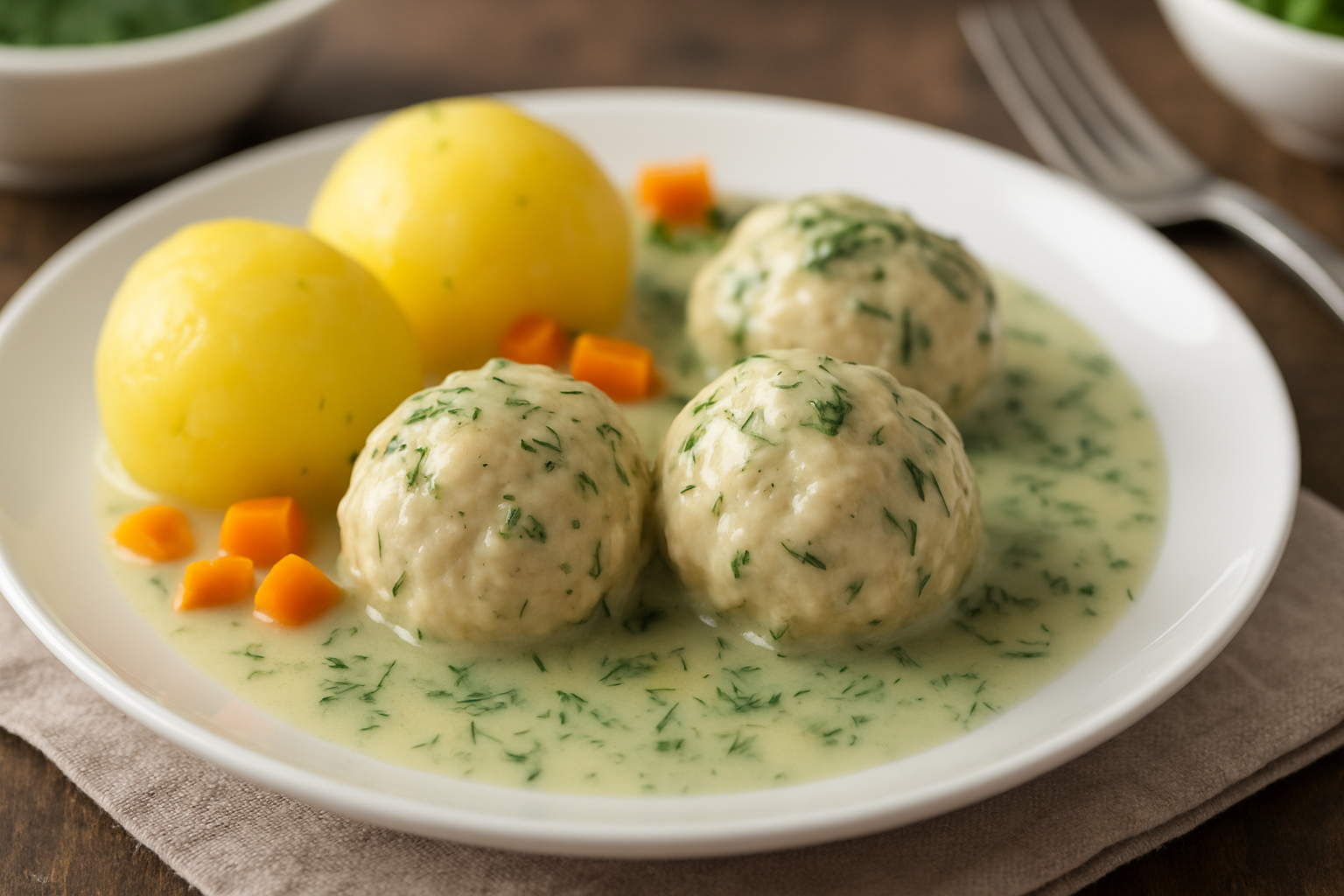 Tradycyjny obiad składający się z klusek w sosie ziołowym, ziemniaków i marchewki. Danie podane na białym talerzu, z dodatkiem świeżego koperku.
