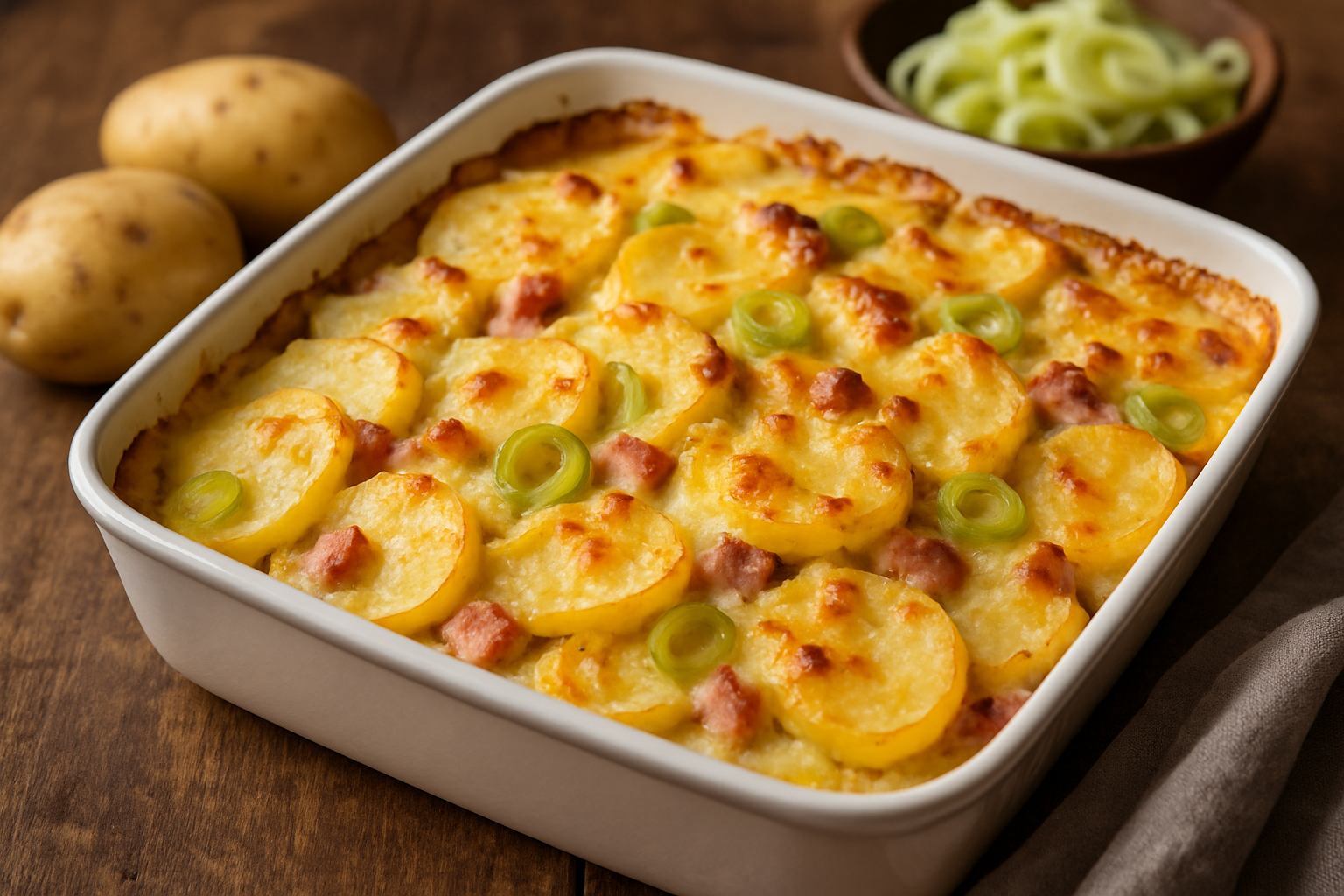 cover-277632 Zapiekanka ziemniaczana z serem, szynką i szczypiorkiem, podana w białej ceramicznej formie. W tle widoczne świeże ziemniaki.