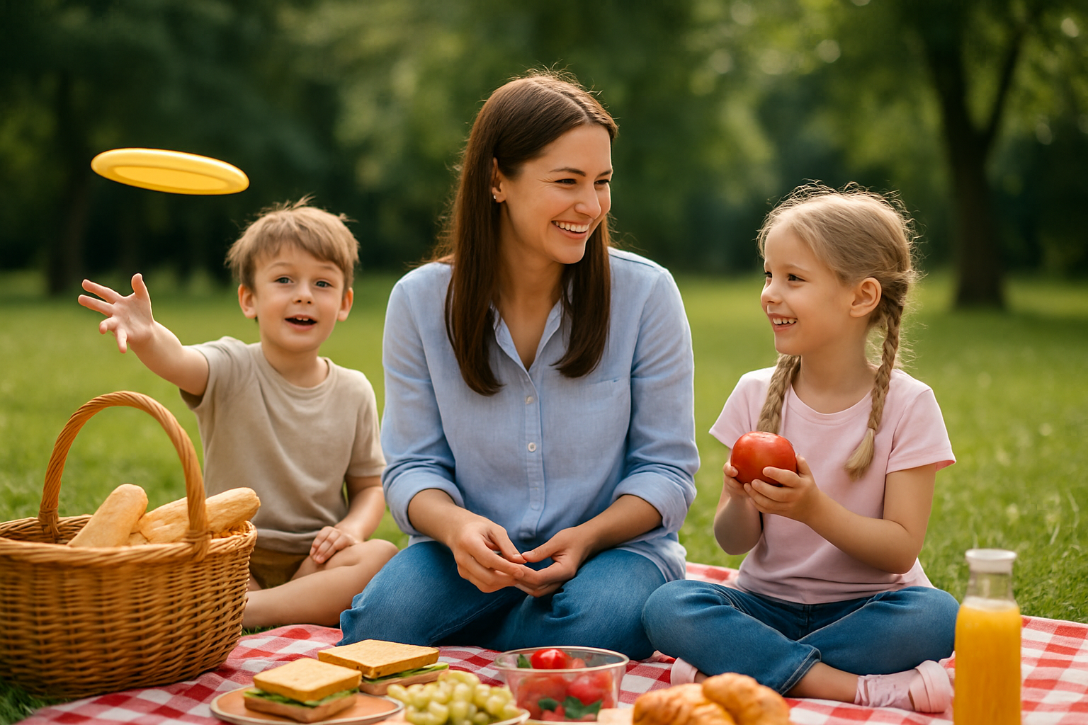 Rodzina spędzająca czas na pikniku w parku, dzieci bawiące się frisbee, mama uśmiechająca się do dzieci, na kocu jedzenie – kanapki, owoce, sok, w tle zieleń drzew.