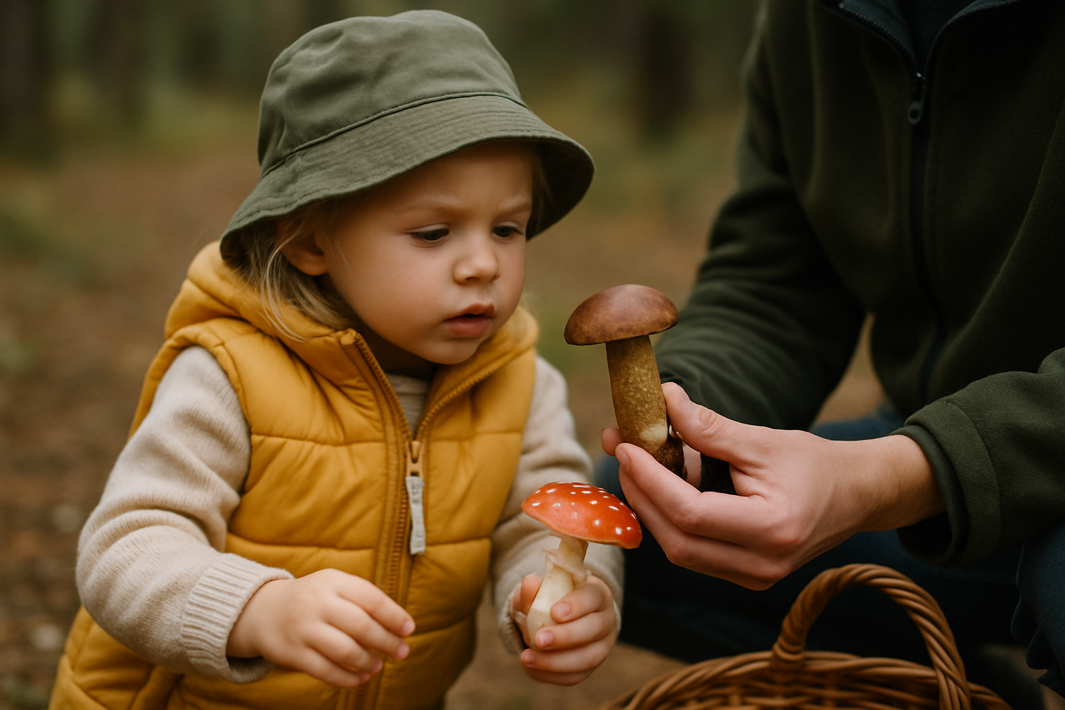 Dziecko z zachwytem obserwuje grzyby w lesie, trzymając w ręku koszyk. W tle widoczna osoba, która prezentuje mu różne gatunki grzybów. Scena ilustruje urokliwe chwile rodzinne podczas zbierania grzybów w naturze.