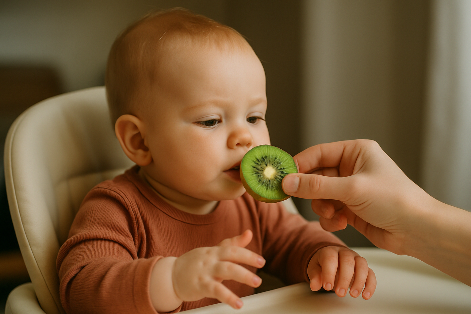 Małe dziecko siedzi w wysokim krzesełku, z ciekawością spoglądając na plasterek kiwi trzymany przez dorosłego. Scena ilustruje pierwsze próby wprowadzania owoców do diety malucha.