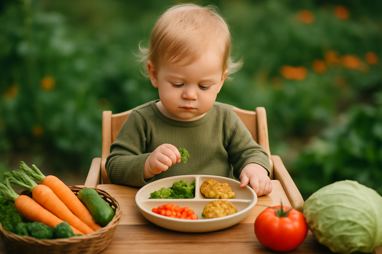 Małe dziecko w zielonej koszulce siedzi przy stole, smakując zdrowe jedzenie na talerzu. W tle widoczne świeże warzywa, w tym marchewki, ogórki i pomidory, co podkreśla temat zdrowego odżywiania.